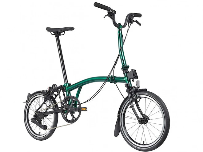 Brompton P-Line M12L Special Colour X-Piccadilly (Urban 12-speed - Mid Handlebar - Mudguard -Battery Lights, Continental Contact, Brooks C17 TeamGB, Stemclolour Hot Pink Gloss, front carrier Block)