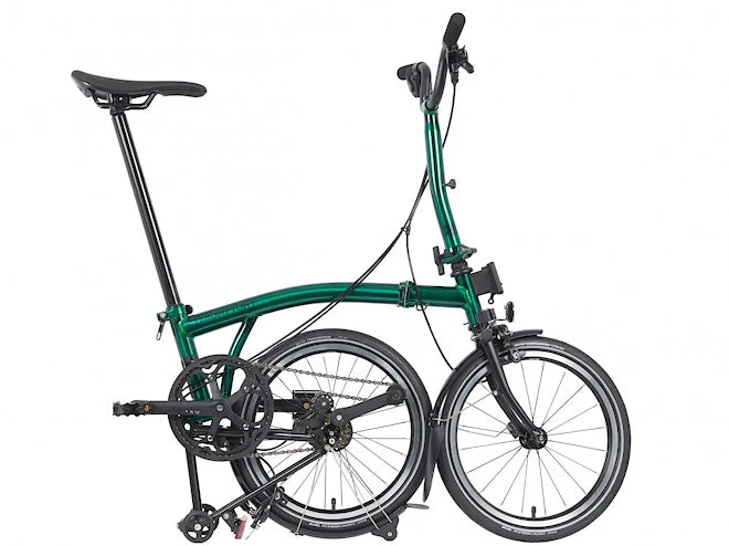 Brompton P-Line M12L Special Colour X-Piccadilly (Urban 12-speed - Mid Handlebar - Mudguard -Battery Lights, Continental Contact, Brooks C17 TeamGB, Stemclolour Hot Pink Gloss, front carrier Block)