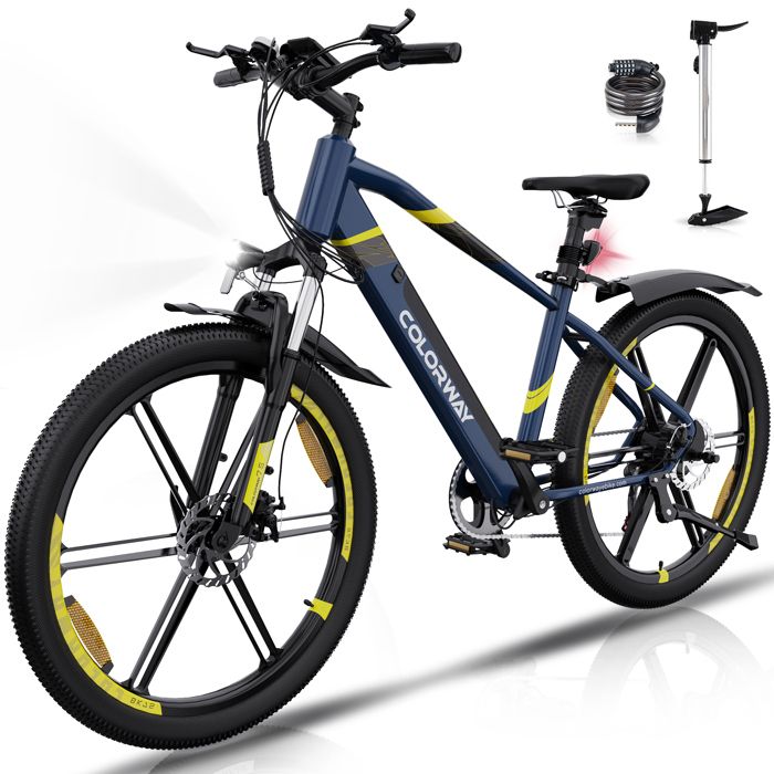 COLORWAY Bicicletta elettrica 26”, Mountainbike da città, Batteria al litio rimovibile 36V12Ah - 7 velocità - Blu