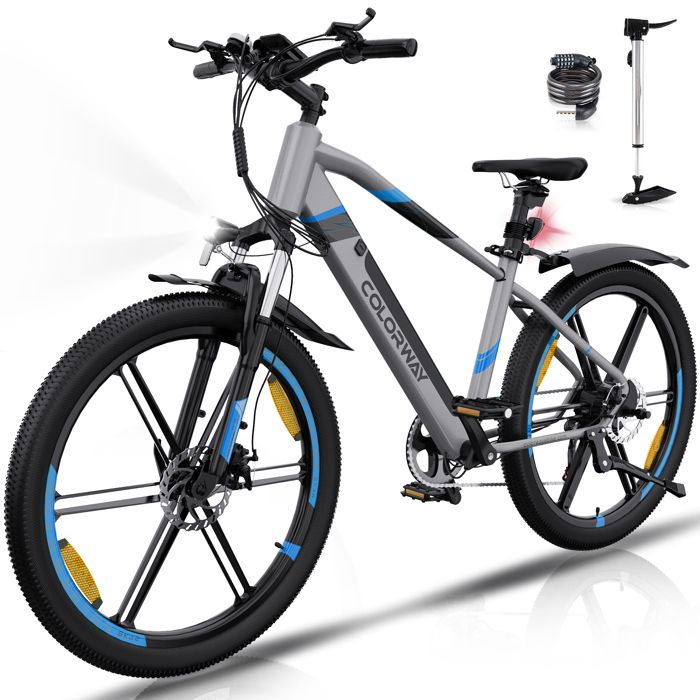 COLORWAY Bicicletta elettrica 26”, Mountainbike da città, Batteria al litio rimovibile 36V12Ah - 7 velocità - Argento