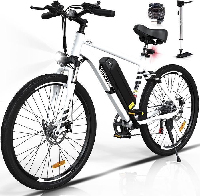 HITWAY Bicicletta elettrica 26” bianca, VAE con batteria rimovibile 36V/12AH, Shimano 7 velocità, MTB City E-Bike