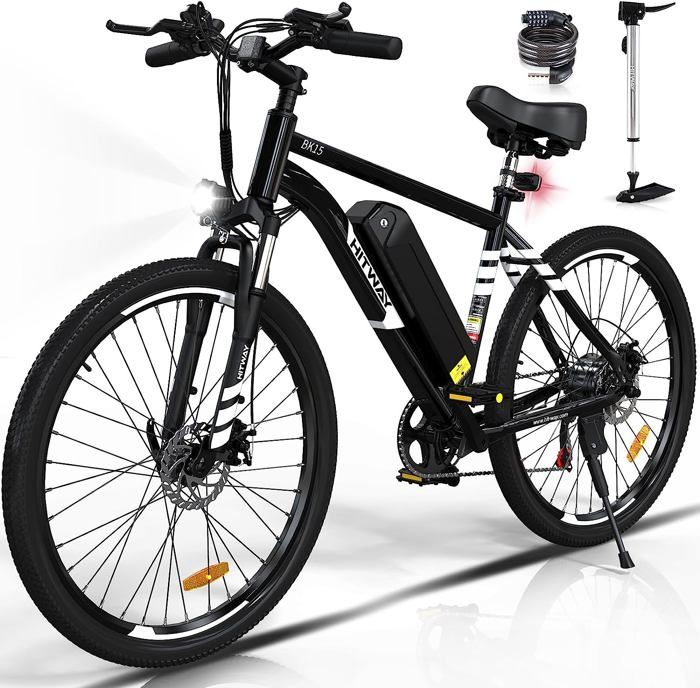 HITWAY Bici Elettrica 26” Nero, VAE con batteria rimovibile 36V/12AH, Shimano 7 Velocità, MTB City E-Bike