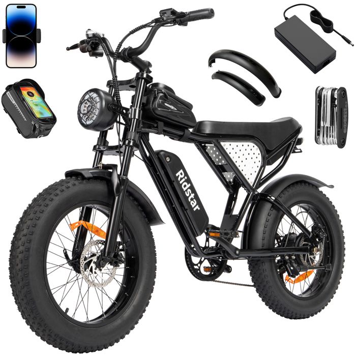 bicicletta elettrica Ridstar Q20 Autonomia 80km Motore 1000W tutte le sospensioni Shimano 7 velocità MTB fat bike Batteria 48V15Ah Nero